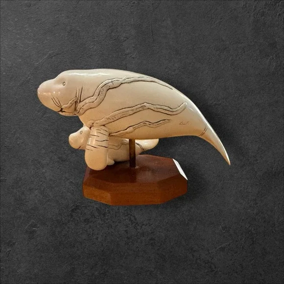 G.H. Cook Company Manatee Mom W/ Baby Fine Art Sculpture Cultured Ivory Figurine - Picture 2 of 8